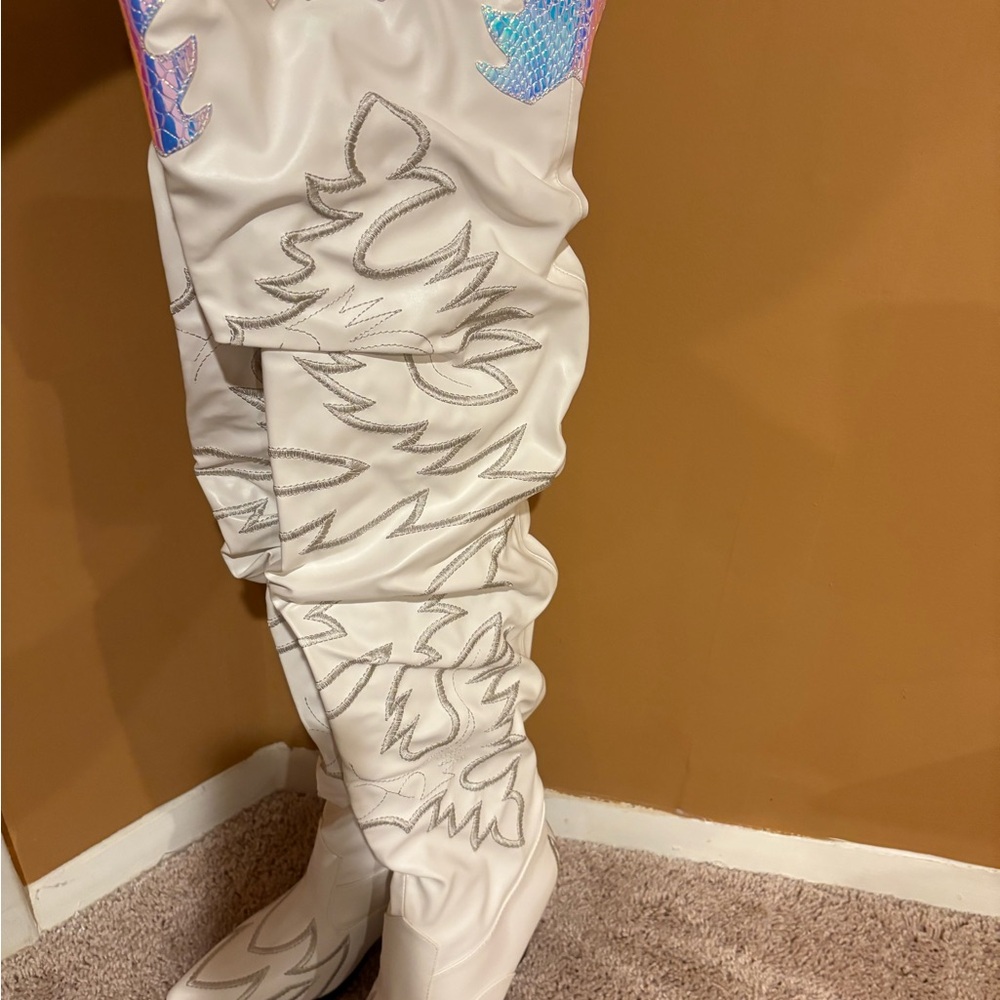 White Embroidered Knee-High Boots